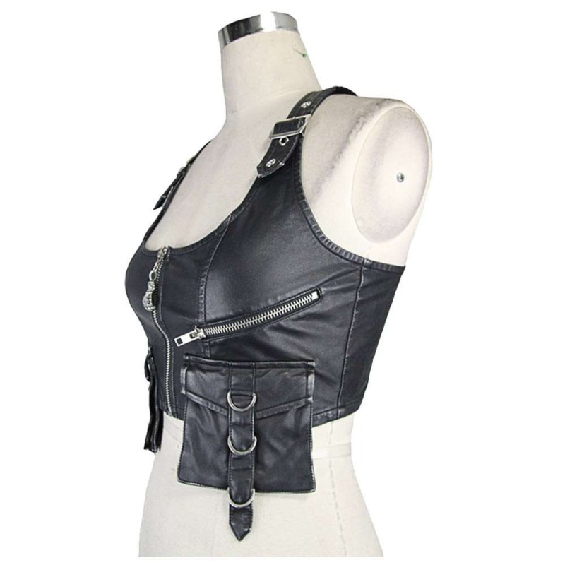 Women PU Leather Vest Black Short Jacket Coats Motorcycle Waistcoats Punk Rock Military